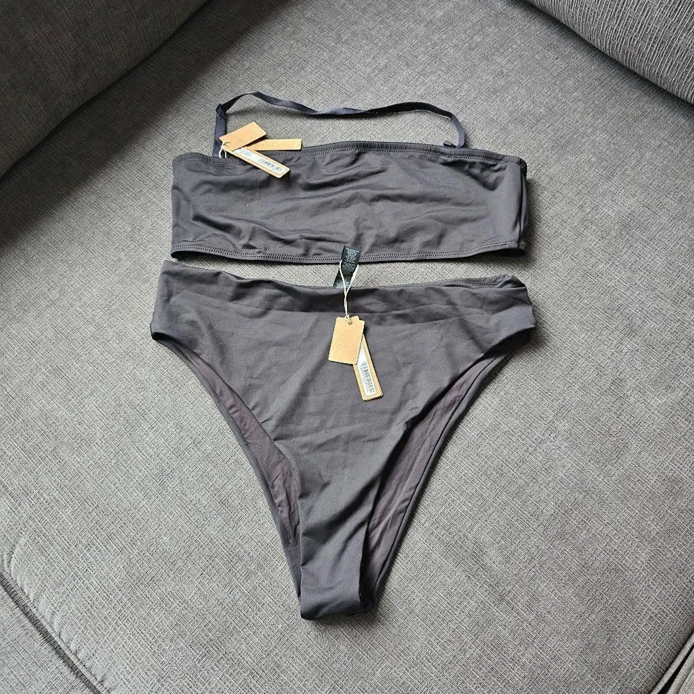Skims Women's Onyx Bandeau Bikini Top & Mid Waist Bottoms Set Size XL